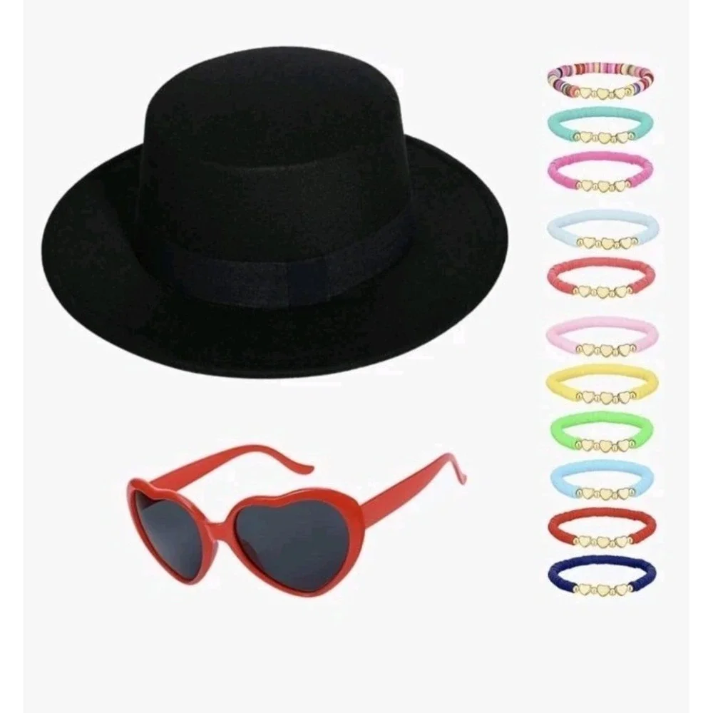 Black Fedora Hat Red Heart Sunglasses Friendship Bracelets Adult Teen Costume